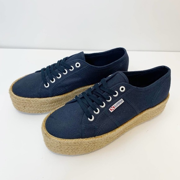 Superga Navy Blue Platform Espadrille Flats - Picture 2 of 6